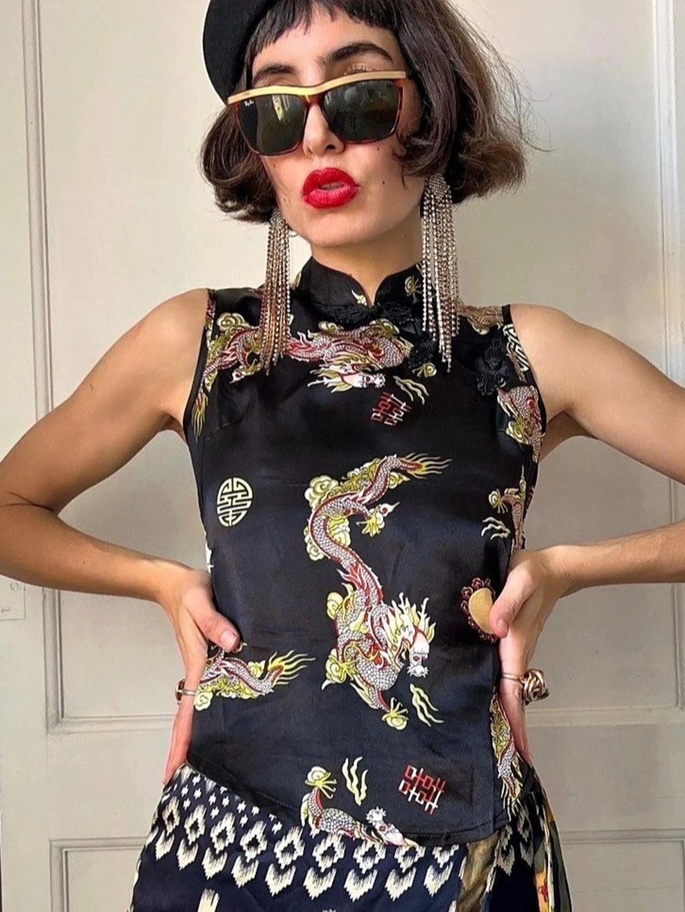 Vintage Silk Dragon Print Top Mandarin Collar Y2K Chinese Knot Satin Sleeveless
